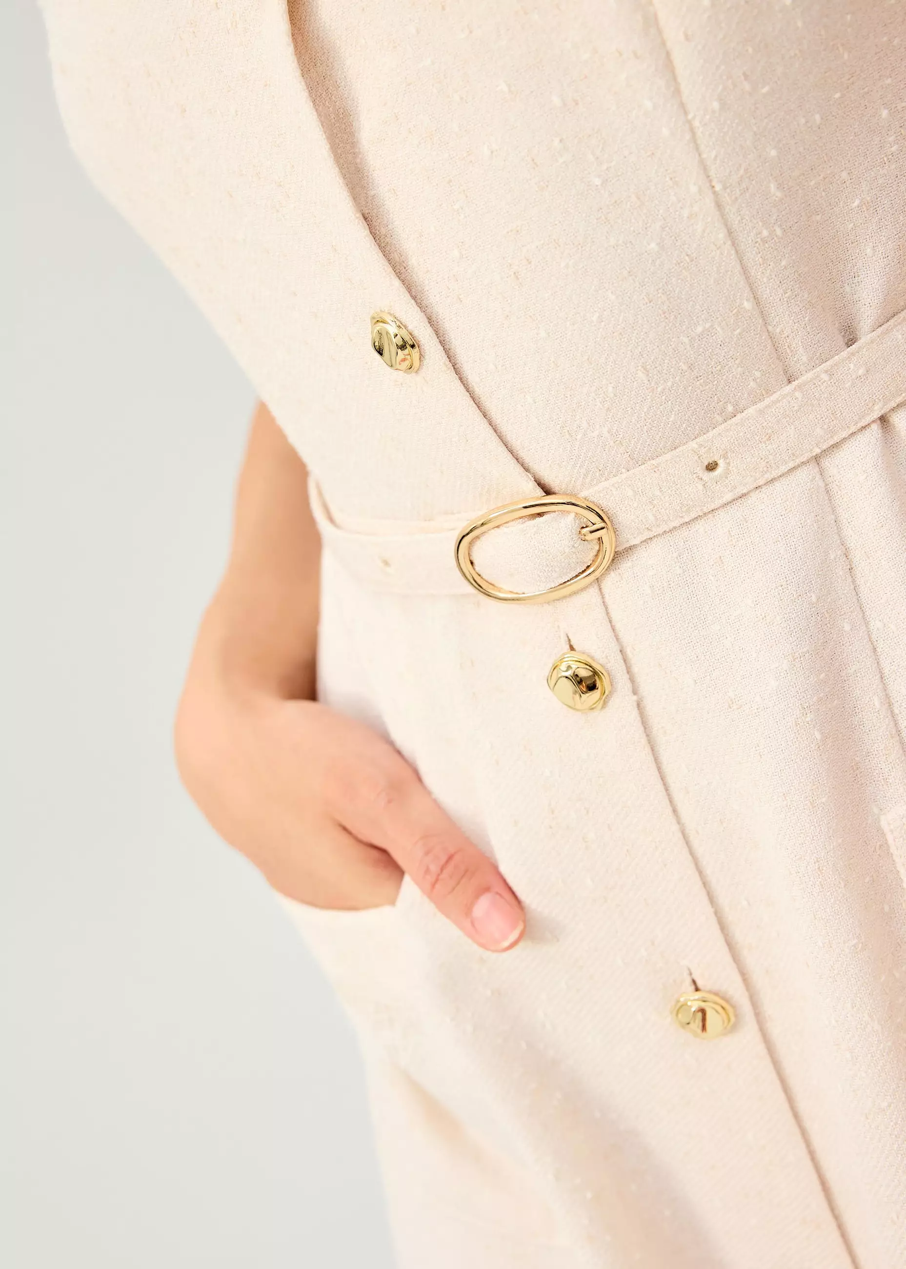 Dress Wanita - Fei Belted Tweed Mandarin Collar Fit & Flare Midaxi Dress