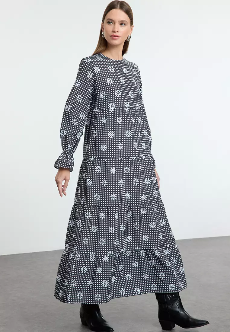 Gingham Floral Printed Sleeve Elastic Detailed Dress