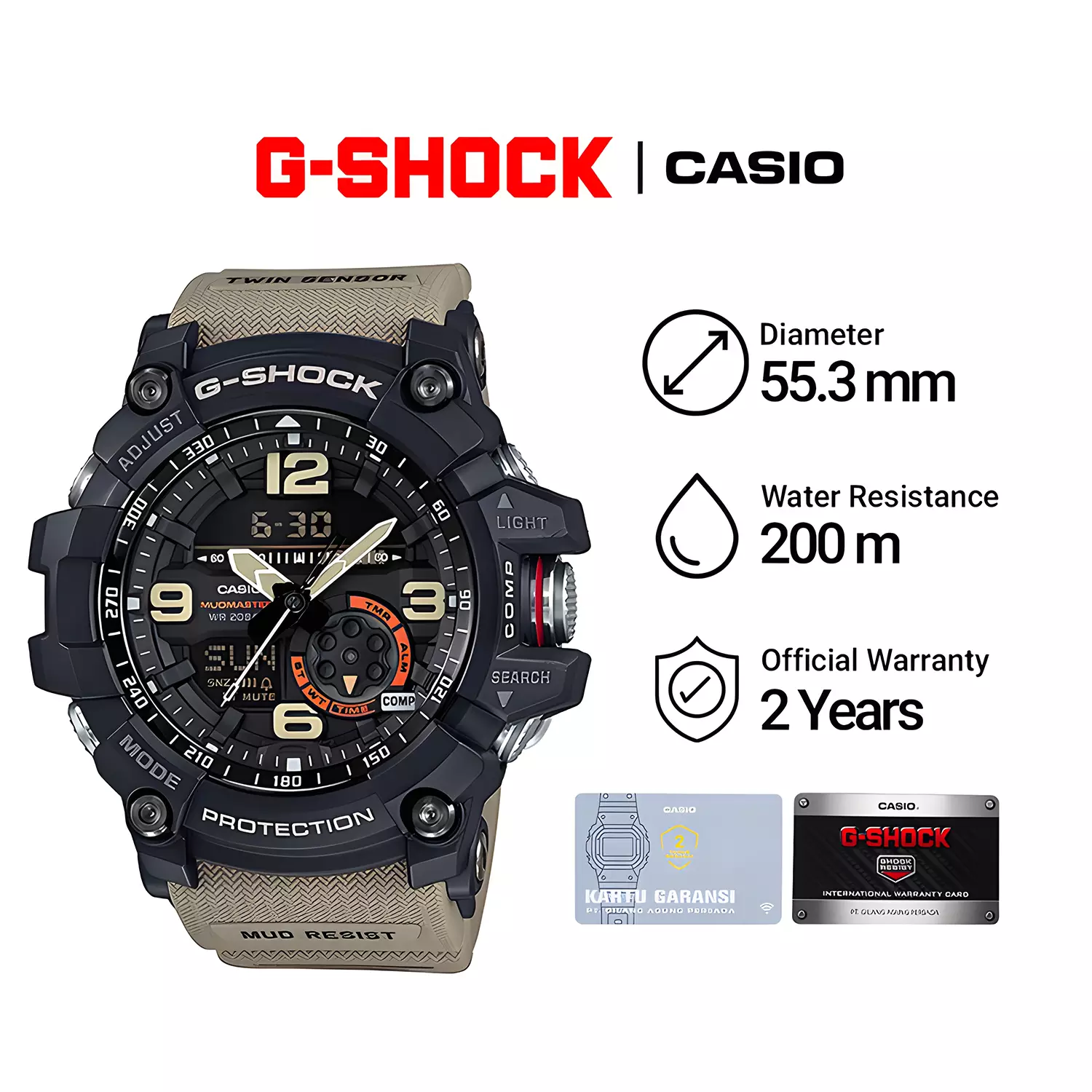 Casio G-Shock MASTER OF G-LAND MUDMASTER - Jam Tangan Analog Digital Pria - GG-1000-1A5 - Black Resin Case - Brown Resin Band