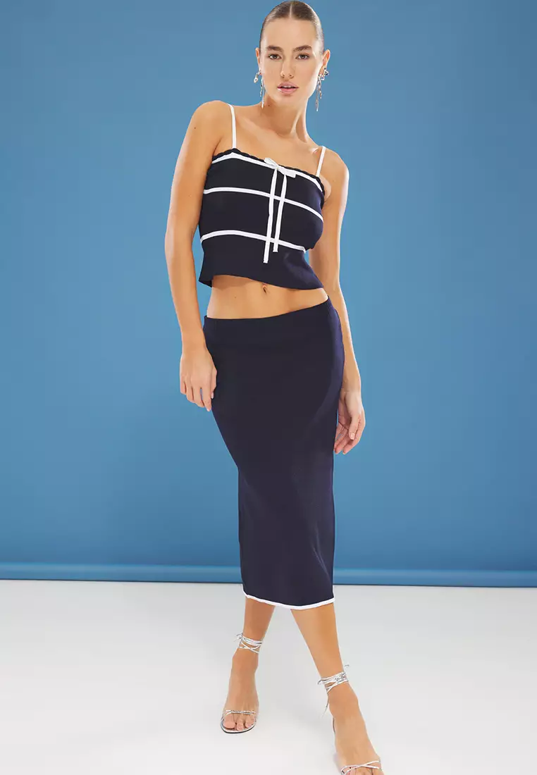 Navy Blue Ribbon Detail Blouse-Skirt Knitwear Top Bottom Set