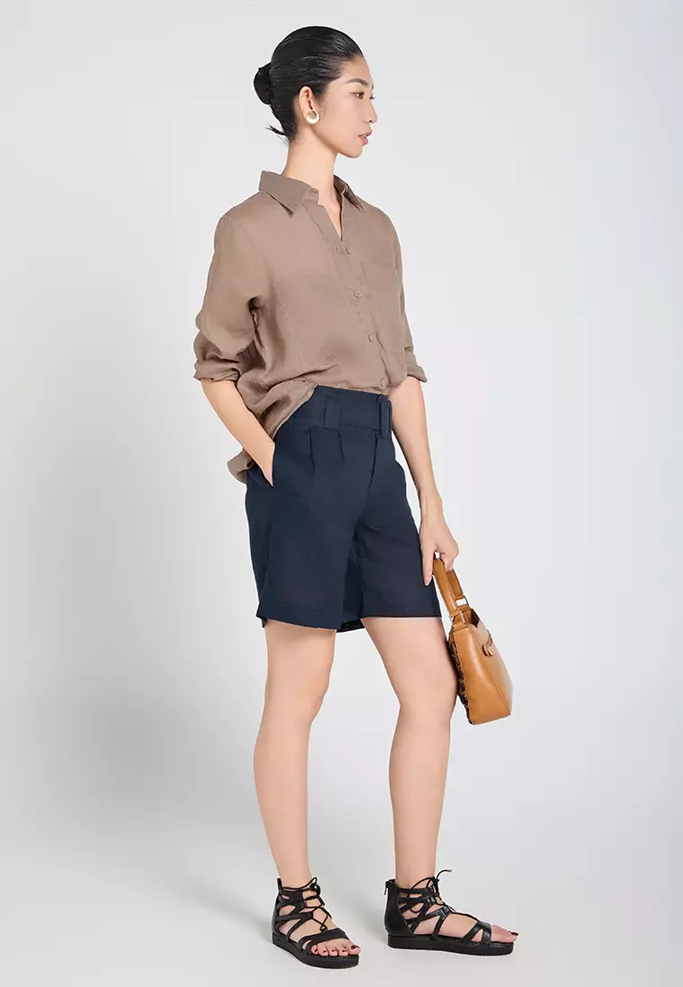 Navy Blue Linen Shorts with Belt