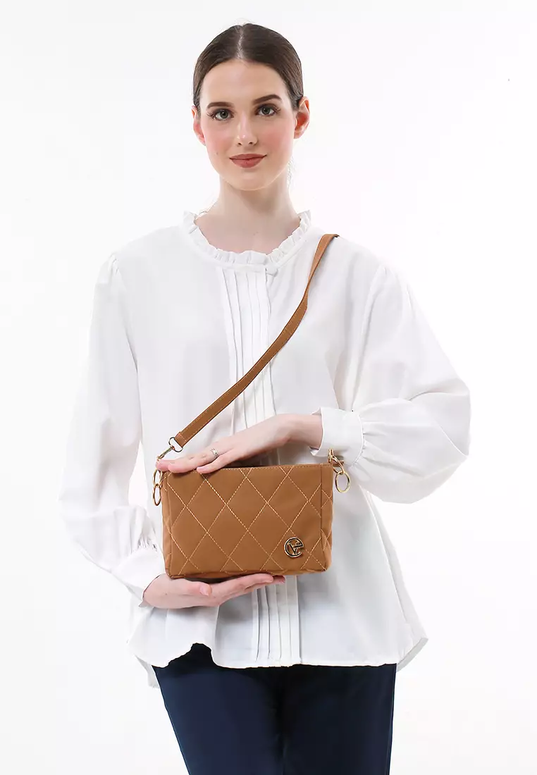 Tania Tas Selempang Wanita Motif Kotak Design Elegant High Quality - Choco