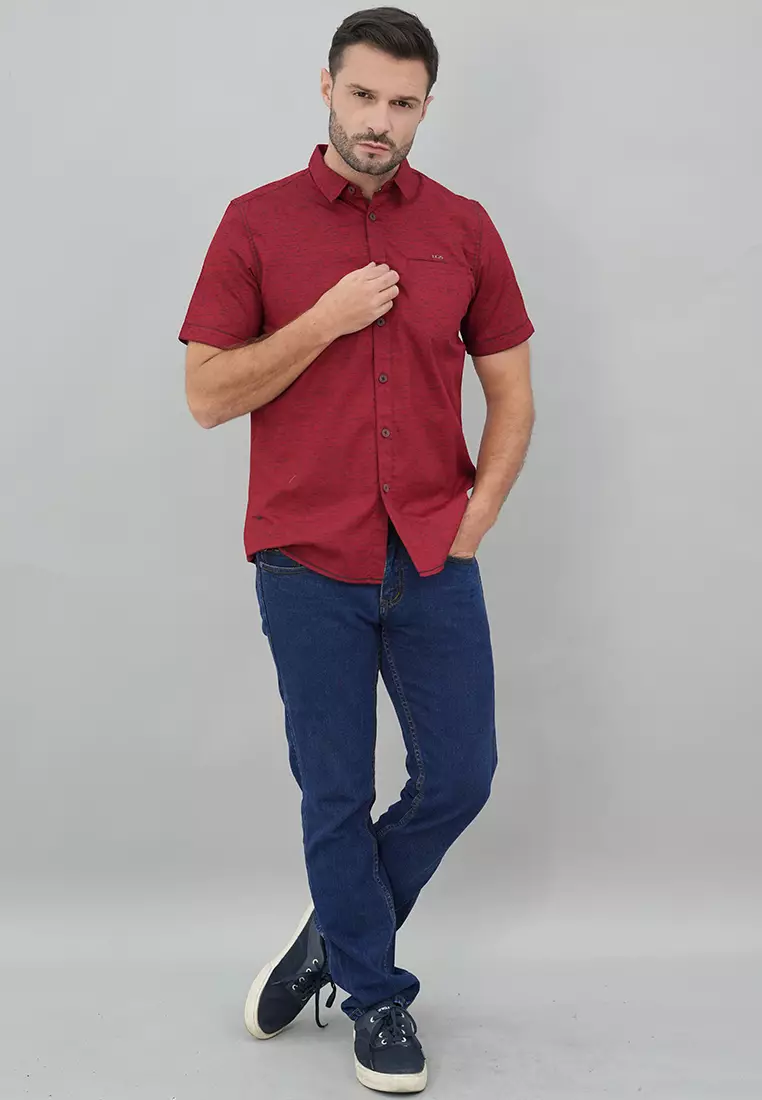 LGS - Slim Fit - Kemeja Casual Pria - Lengan Pendek - Merah - Motif Polos - JSH.392.S1079F.948.C
