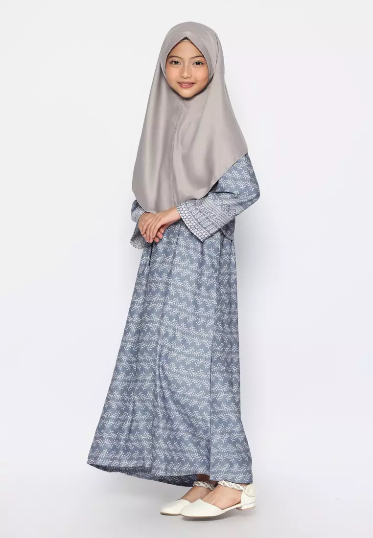 Baju Gamis Anak Perempuan Daun Kecil Navy With Model - BEAUTY