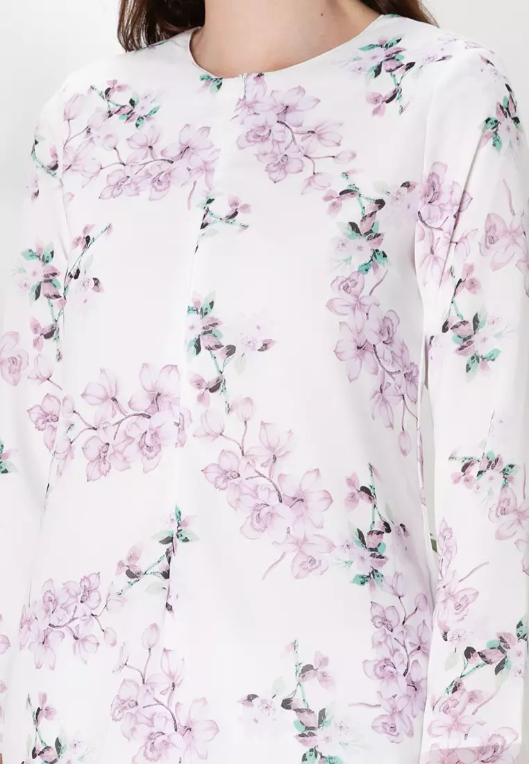 ARIEL Purple Orchid Baju Kurung Moden Princess Kain Kembang Payung in White Base