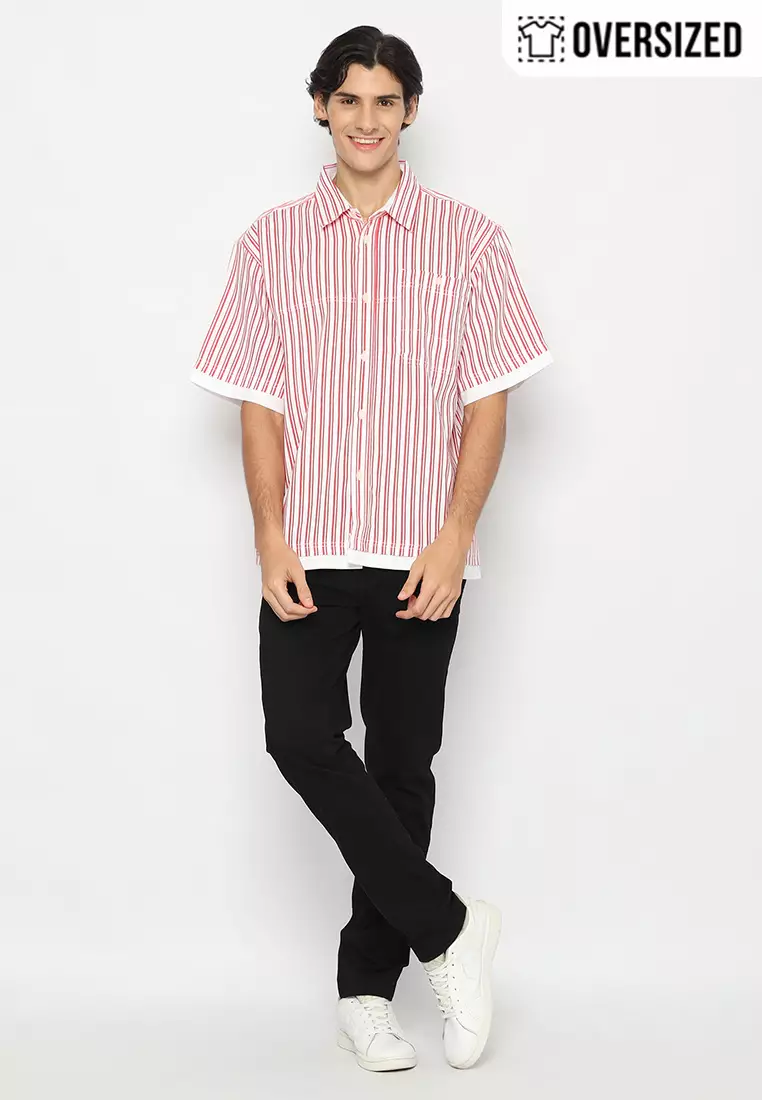 RBJ Kemeja Salur Kombi Oversized Putih Merah Pria