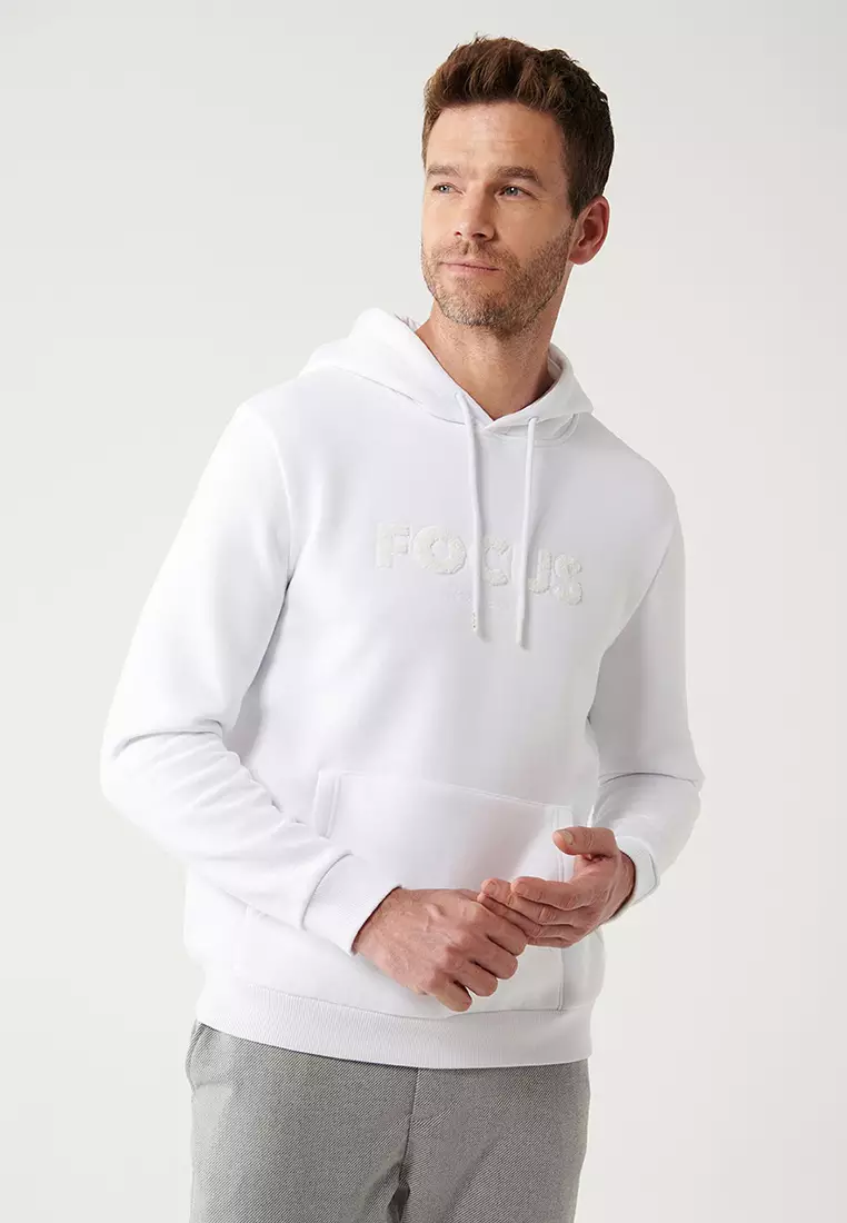 Men's White Hooded 3 Thread Raised Kangaroo Pocket Sweatshirt A32Y1193