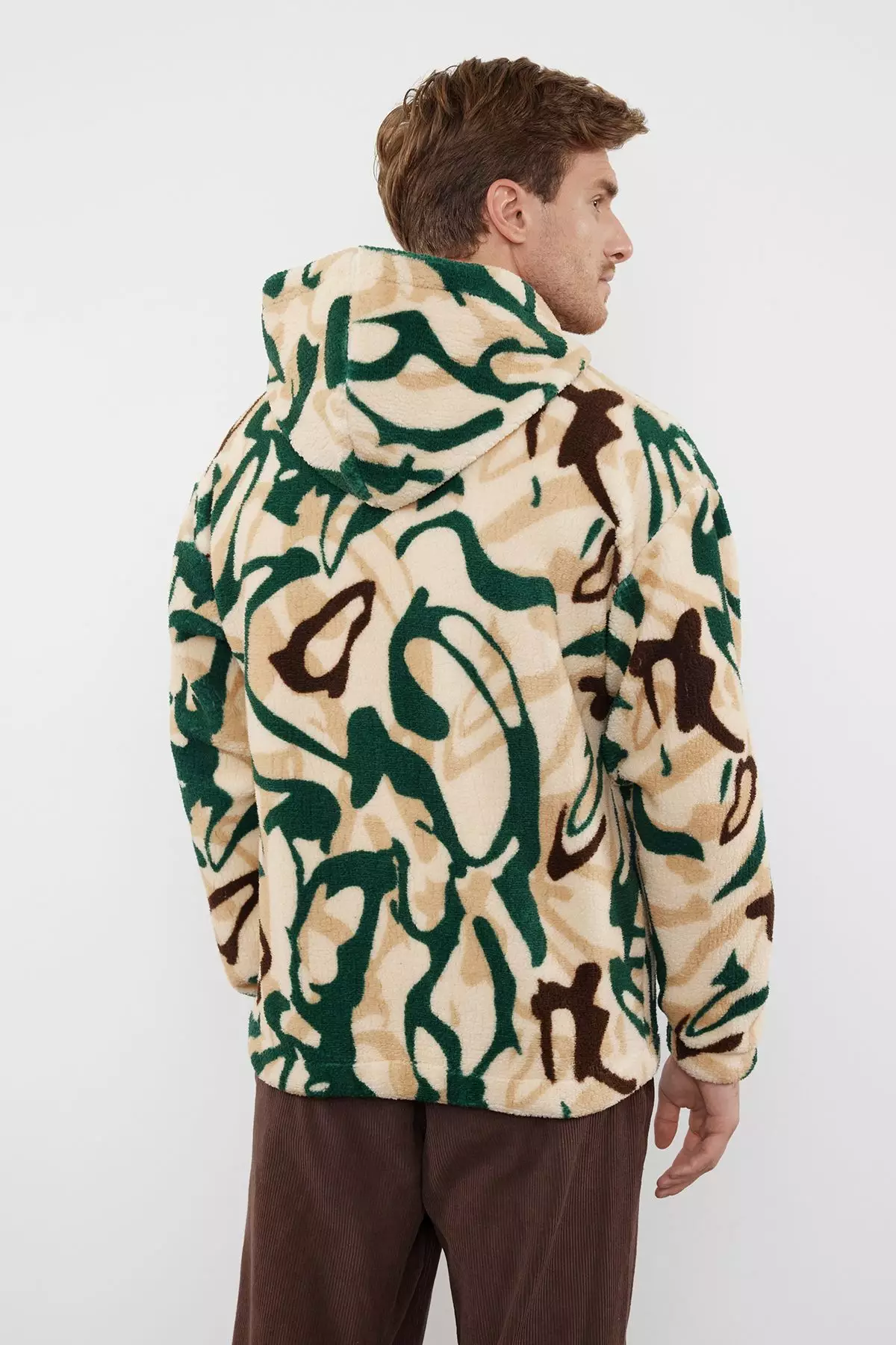 Multicolored Unisex Oversize/Wide Cut Patterned Sherpa Fleece/Plush Hooded Sweatshirt TMNAW25SW00147