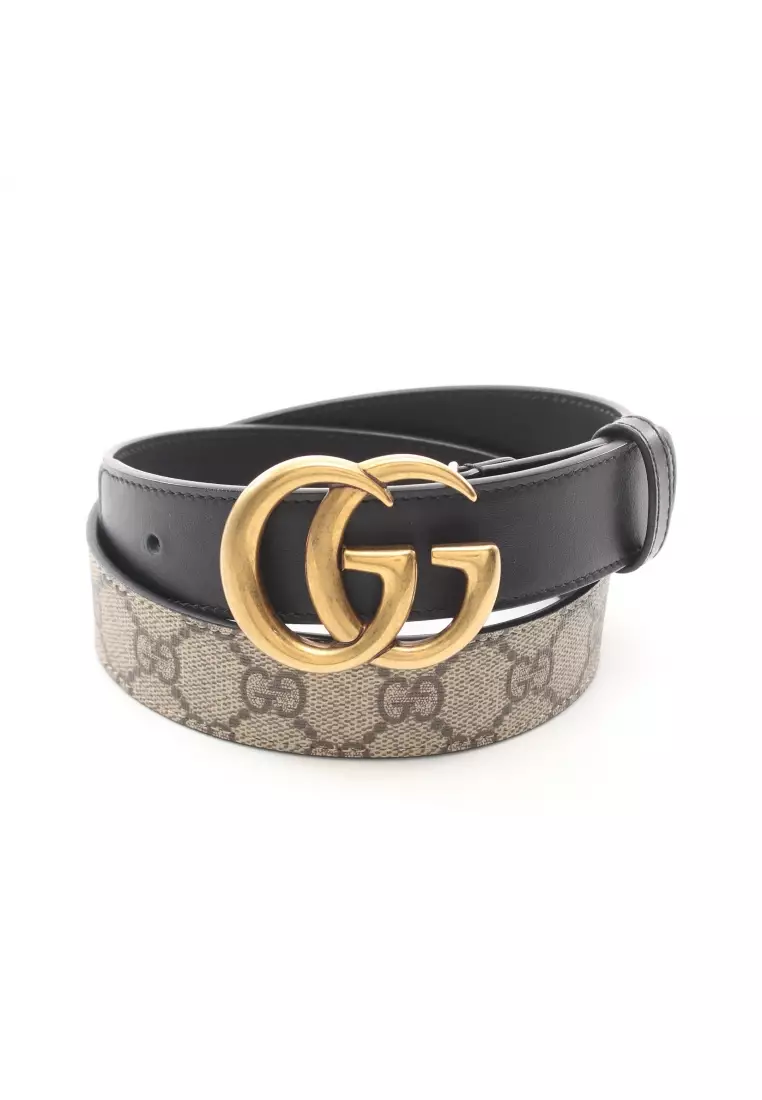 GUCCI Calfskin GG Supreme Monogram Double G Reversible 30mm Belt 80 32  Beige Black 1299774