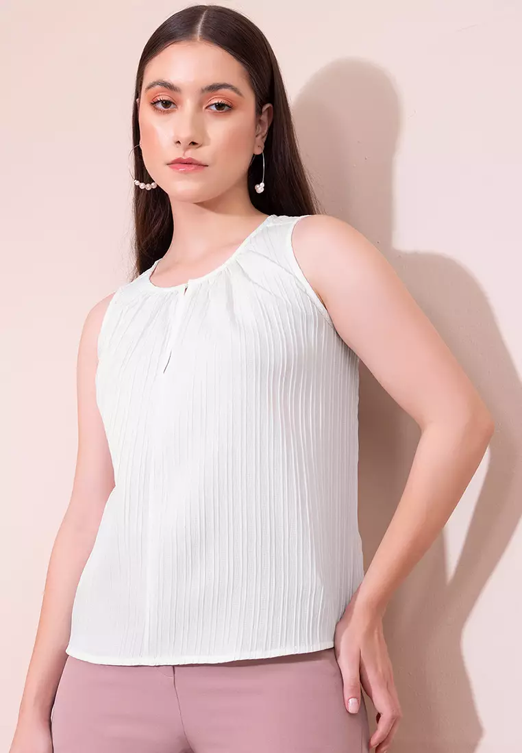 White Textured Sleeveless Blouse