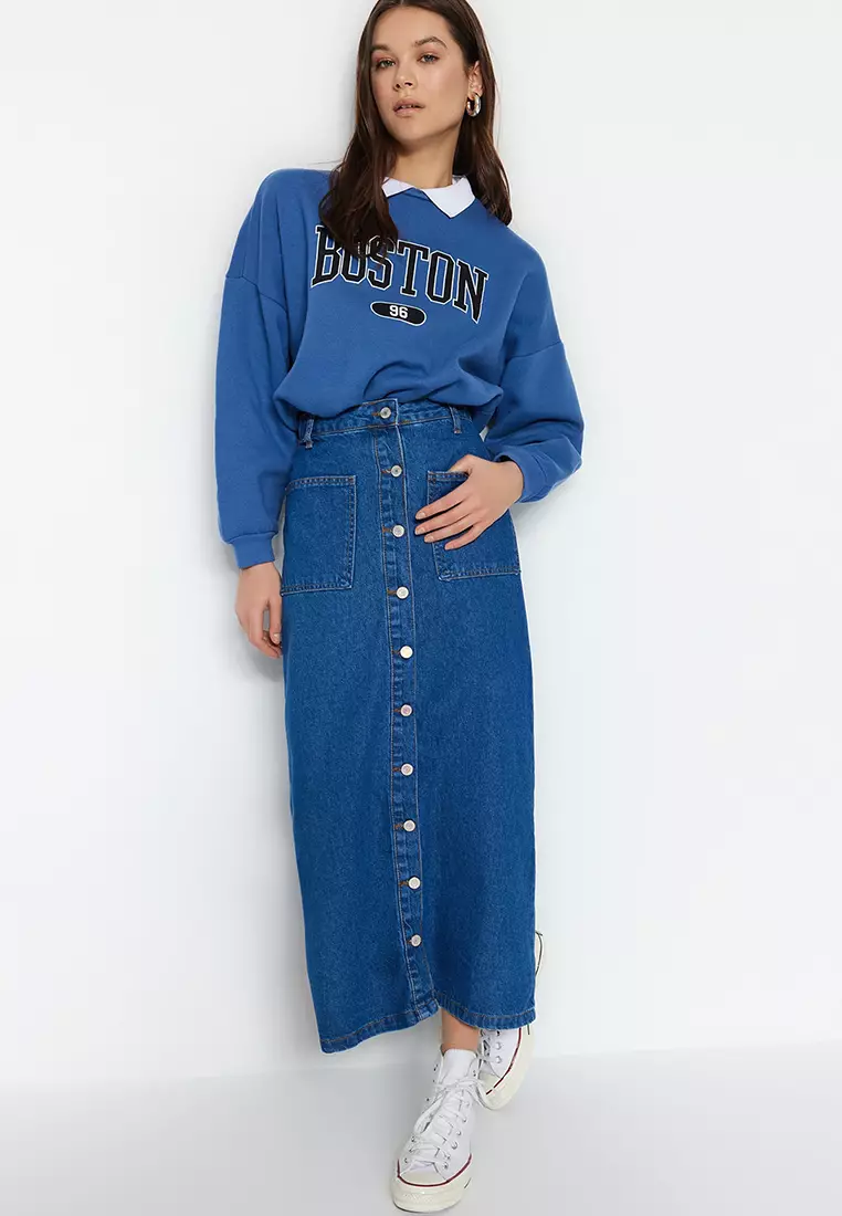 Buttoned High Waist Denim Skirt
