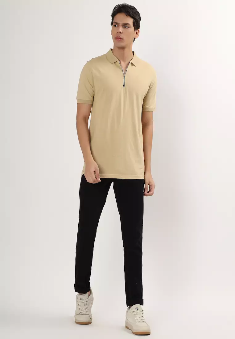 Mens Solid Brown Cotton Relaxed Fit Polo Shirt/Tshirt With Zip, Short Sleeve, Activewear, Casual Wear