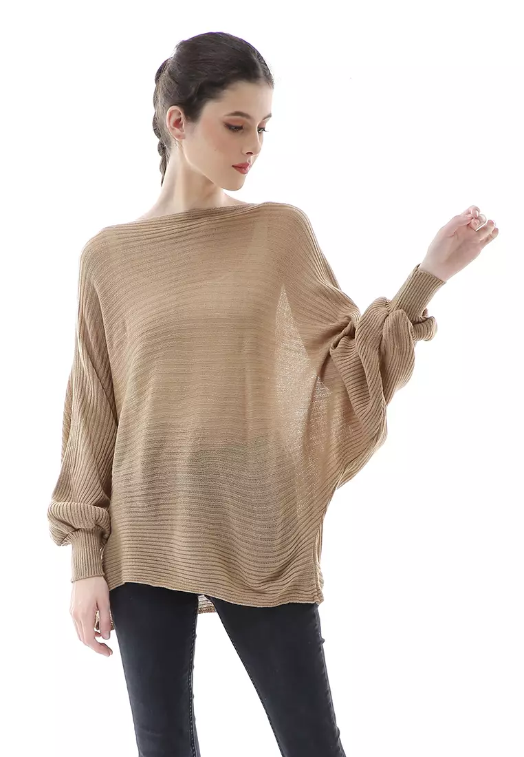 Eveline Sweater Rajut Batwing Atasan Wanita Motif Polos High Quality - Cream