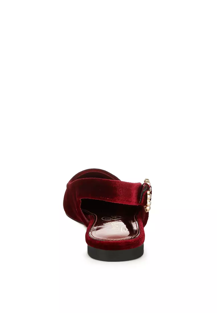 Velvet Slingback Flat Sandals in Dark Red