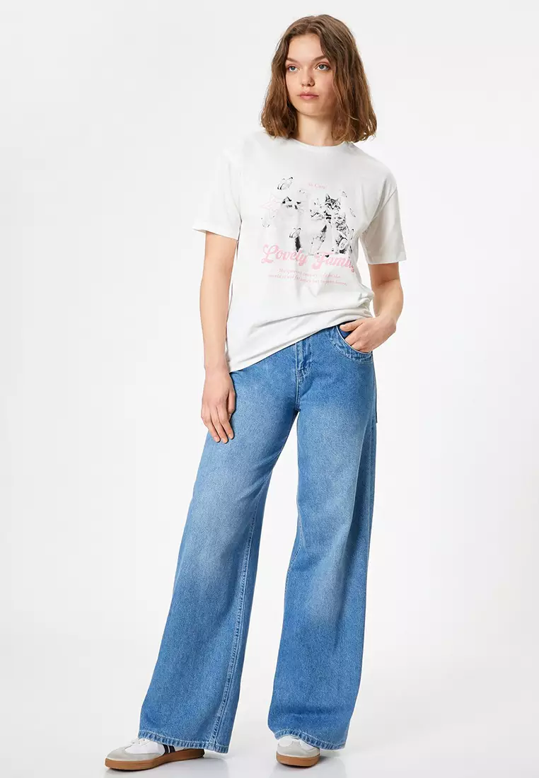 Cat Printed T-Shirt Crew Neck Oversize Short Sleeve Cotton