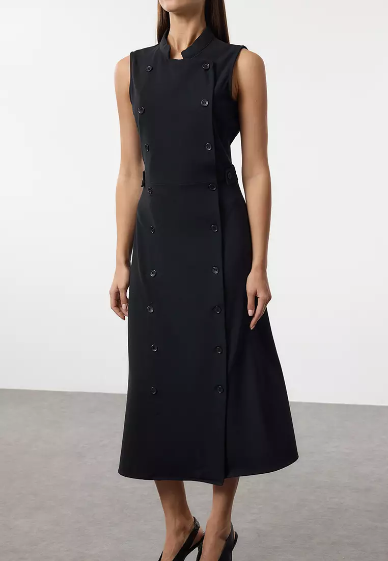 Mandarin Collar Sleeveless Midi Dress