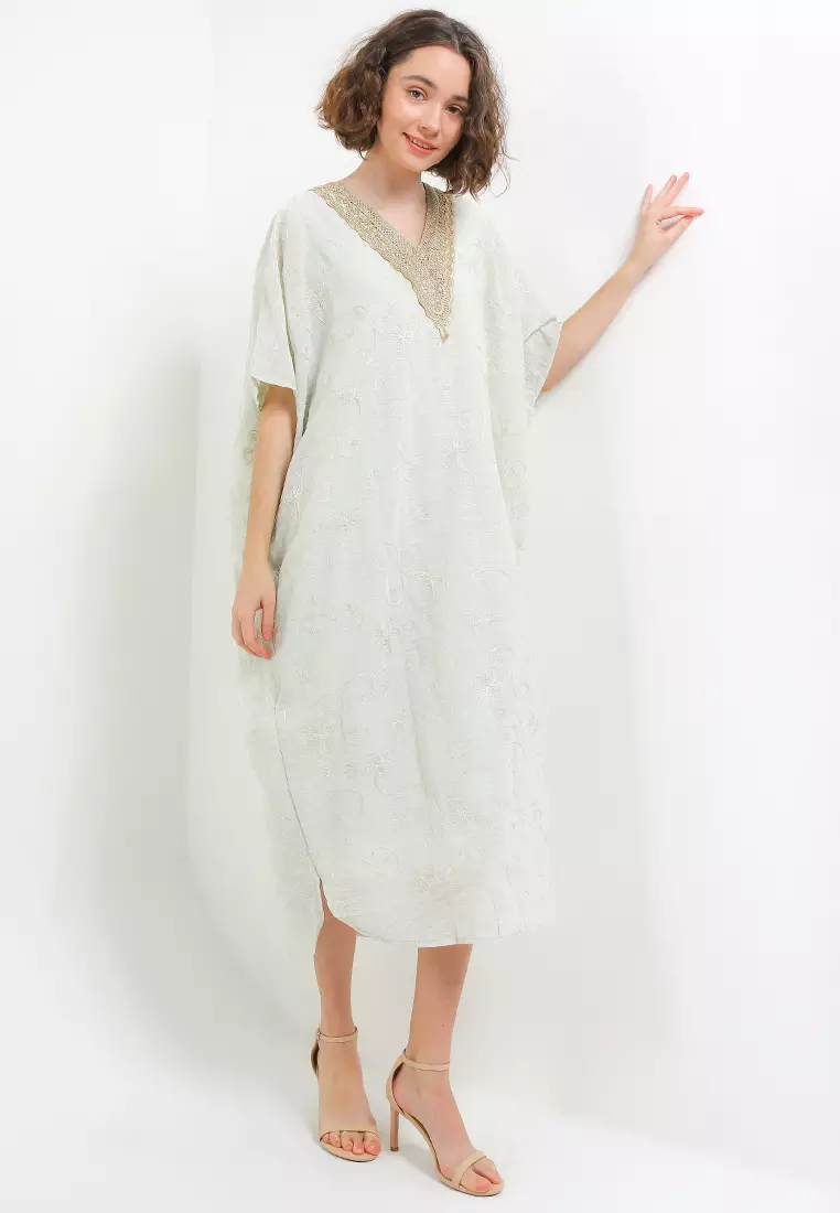 V Neck Crochet Lace Gold Emb Kaftan