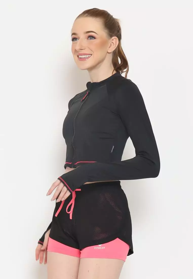 Fitwear - Jaket Crop Zip Front Olahraga Sepeda / Berenang ZENDAYA SLIMFIT LS - PINK