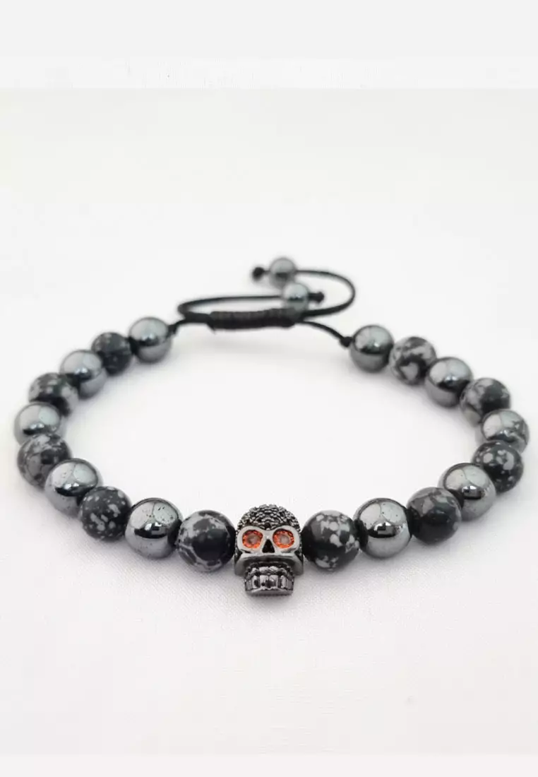 Gelang Macrame Skull Studded Charm Multi Stone Bracelet Silver