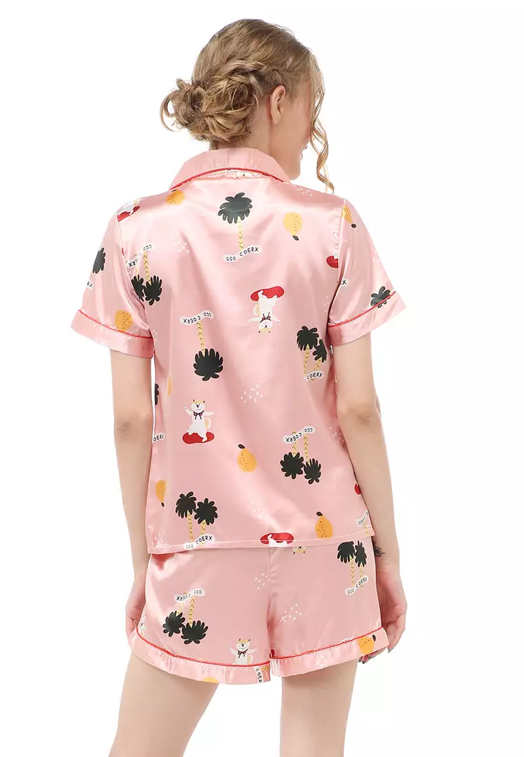 Vance Setelan Baju Tidur Wanita Lengan Pendek Motif Japancat Material Satin ORIGINAL - Pink