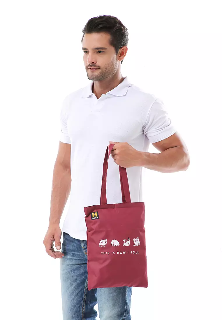 Hamilton Totebag Pria Wanita Motif Panda Large Compartment Material Dinir ORIGINAL - Maroon