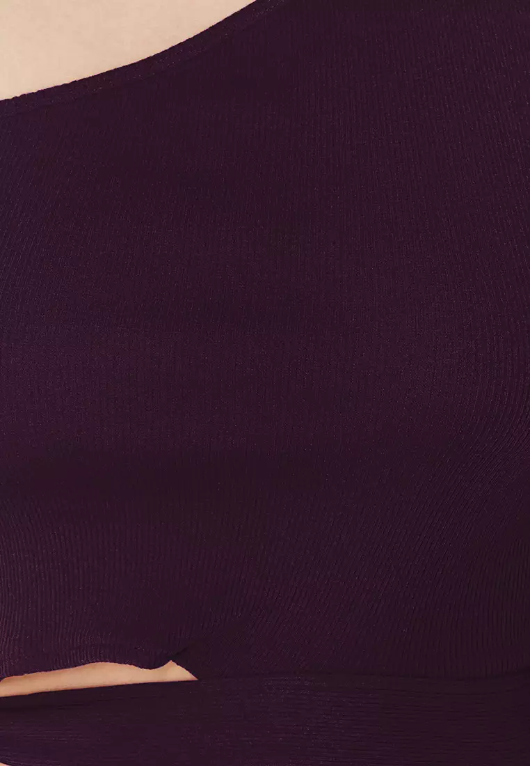 Damson Single Shoulder Fitted Tie Detail Ribbed Knitted Blouse