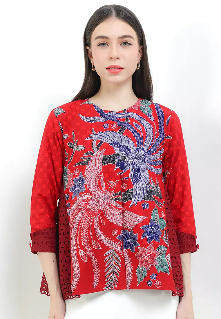 Blouse Atasan Batik Wanita Casual Modern Reane Katun Premium Red Maroon
