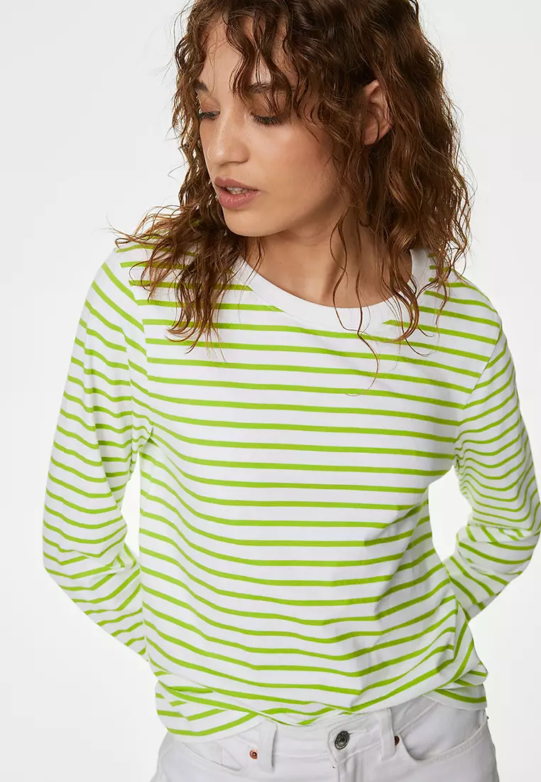 Pure Cotton Striped Crew Neck T-Shirt