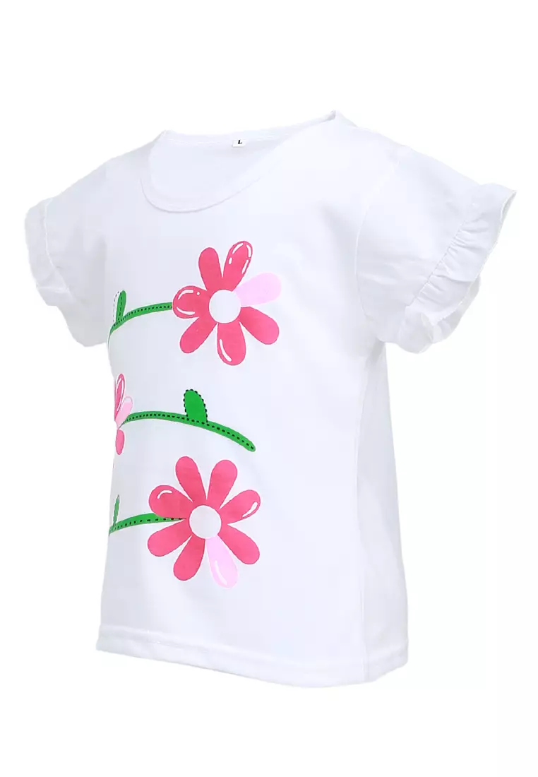 Chevelle Kaos Anak Perempuan Lengan Terompet Ruffle Tee Motif Bunga Material Cotton ORIGINAL - White