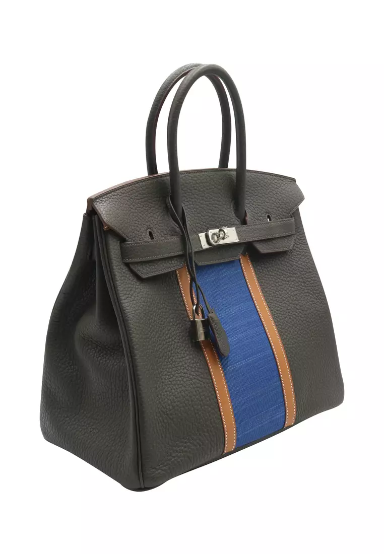 Pre Loved Hermes Limited Edition Birkin Club Bag 35 Vert bronze Blue thalassa Fauve in Fjord Ottomane Leather