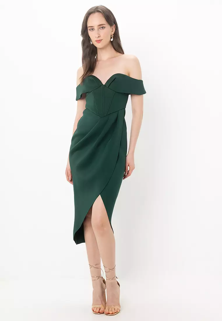green emerald velvet dress Asos Design Tall Bandeau Peplum Hem Maxi Dress In Dark Green main image 1