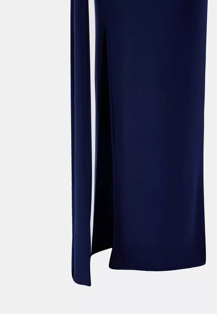 Limited Edition Navy Blue Collar Cut Out Detailed Maxi Evening Dress & Graduation Dress Tprss26Ae2
