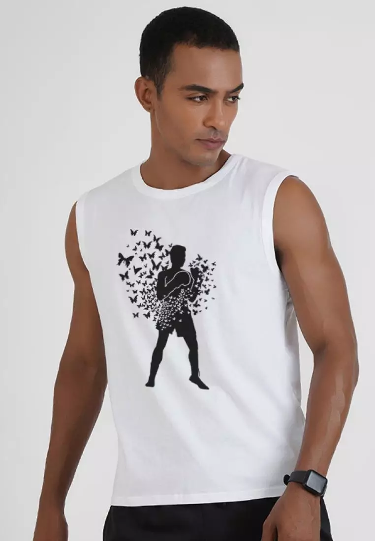 Boxing Print Graphic White Cotton Sleeveless Workout/Training Tank