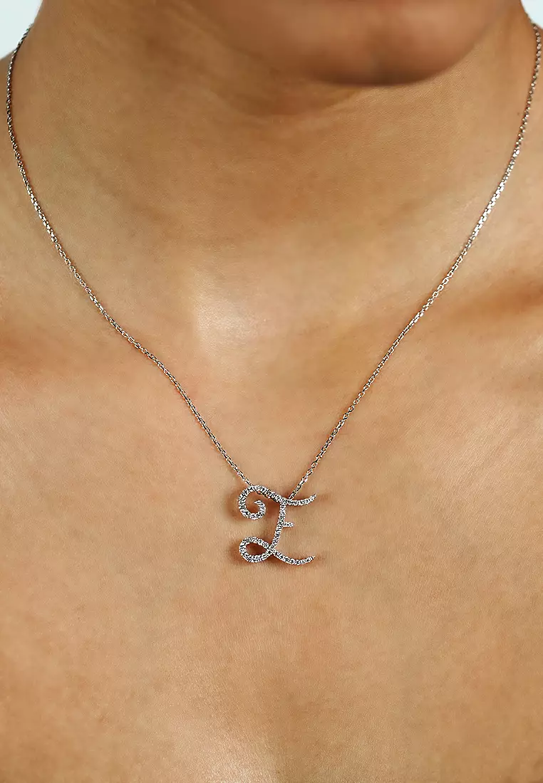 Pavé Lab Grown Diamond 'E' Initial Pendant in White Gold D/E-VVS/VS (0.33ct TDW) with chain
