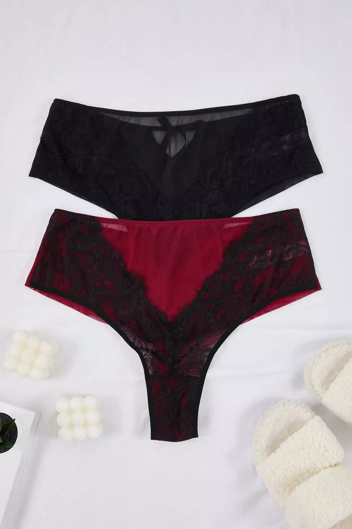 Cherry-Black 2-Pack Bow Lace Detailed Brazilian Sexy Plus Size Panties Tbbaw26Cm00002