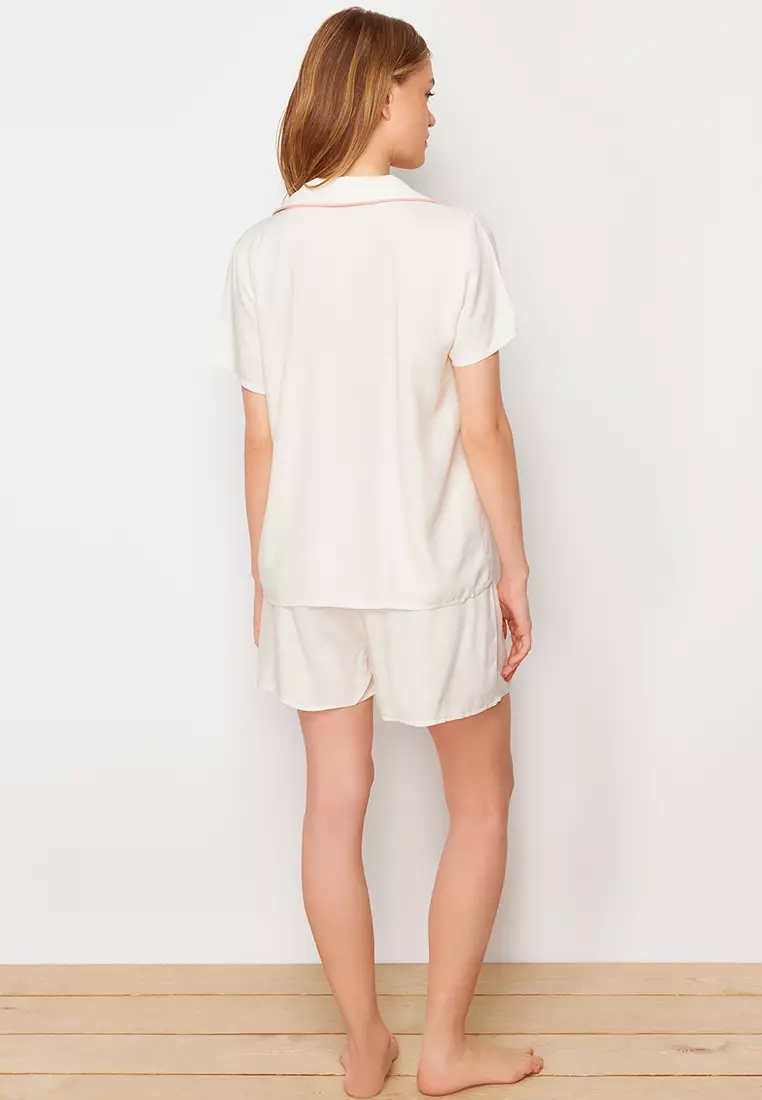 White Ribbon/Bow and Piping Detailed Viscose Shorts Woven Pajama Set THMSS24PT00290