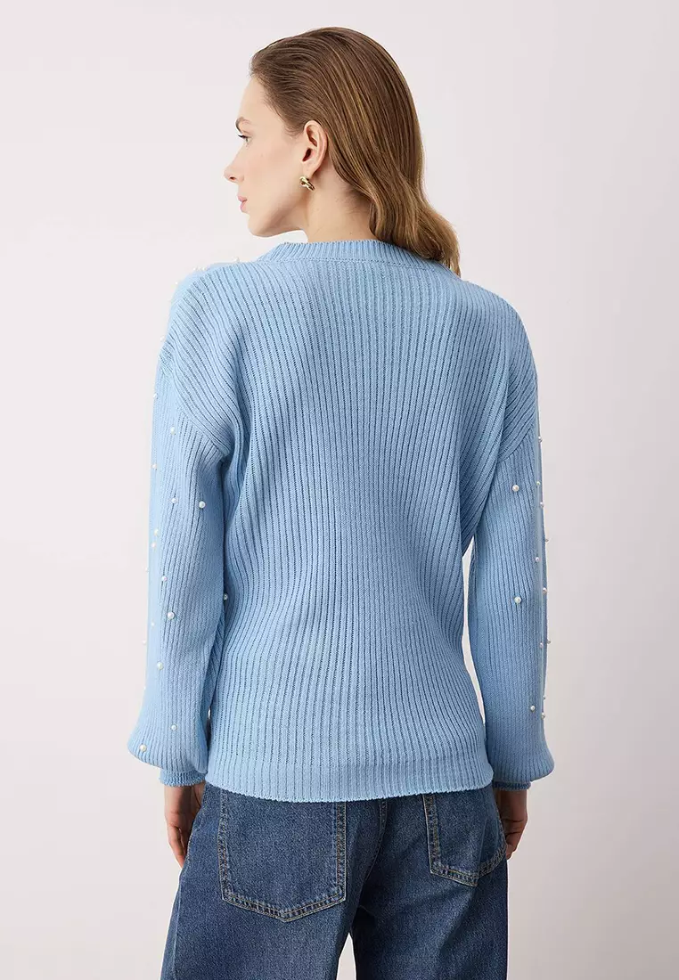 Light Blue Pearl Detailed Crew Neck Knitwear Sweater Twoaw22Kz1493