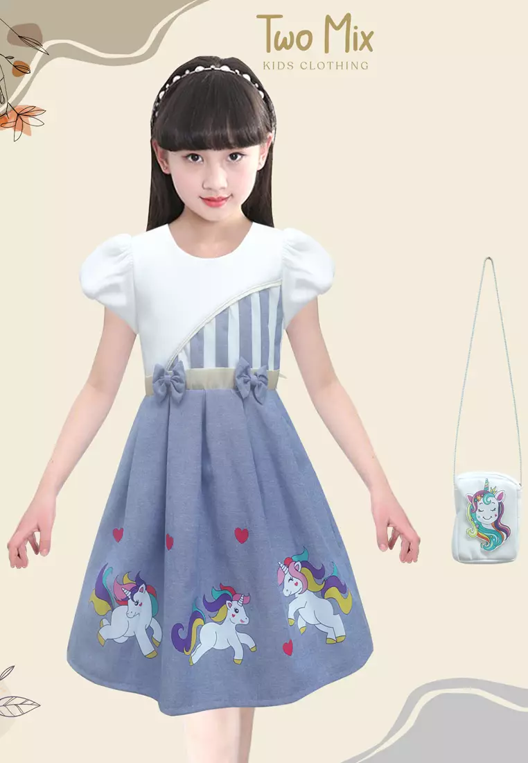 Two Mix Dress Anak Perempuan Little Pony Bonus Tas Cantik 1-12 Tahun 4252 Blue