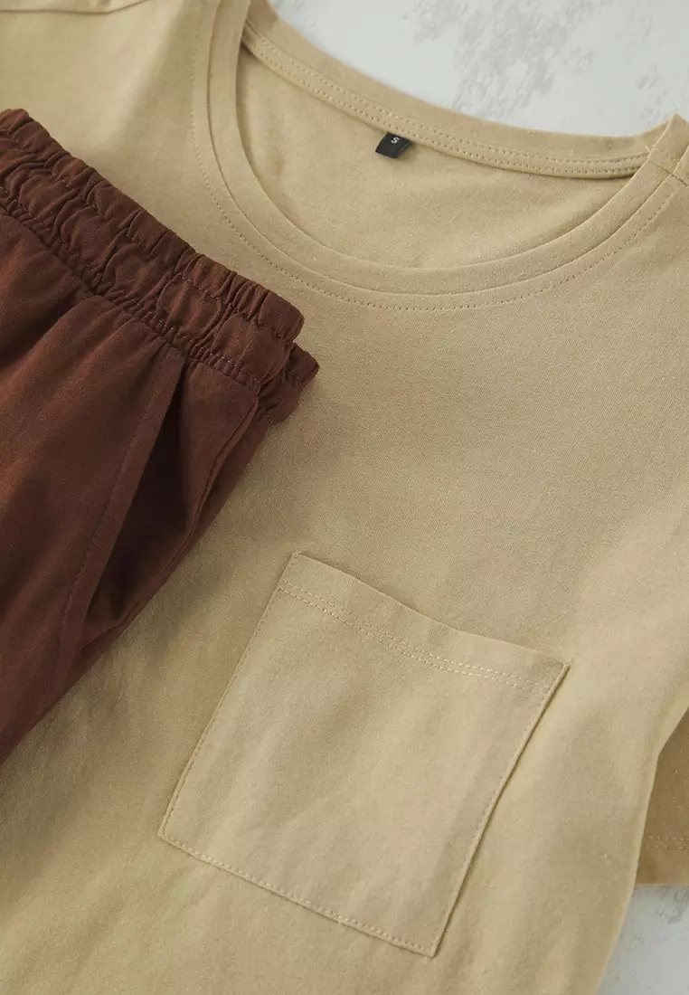 Beige - Brown Regular Fit 100% Cotton Knitted Shorts Pajama Set TMNSS25PT00033
