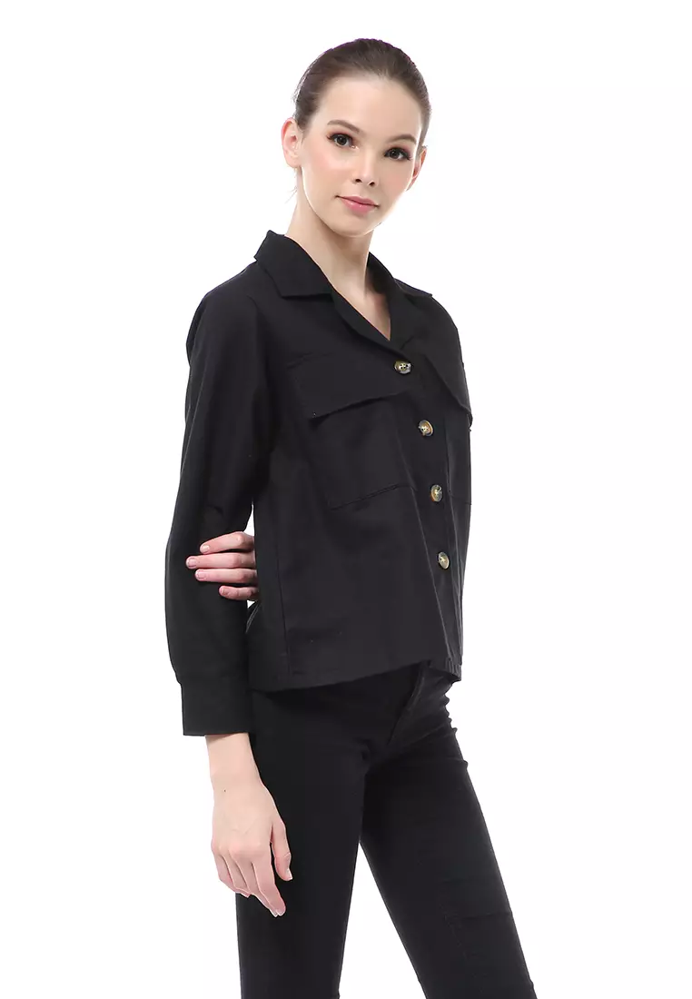 Brielle Atasan Wanita Kemeja Pocket Plain Motive Lengan Panjang Material Linen ORIGINAL - Black