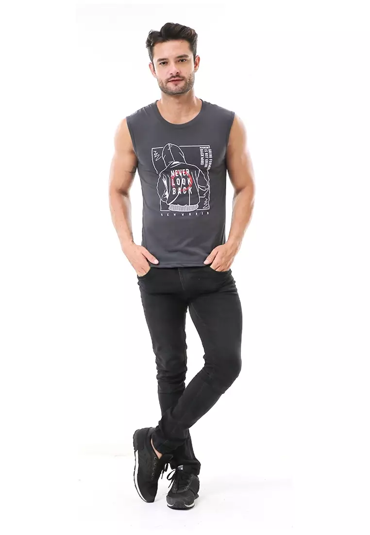 Bobby Atasan Kasual Pria Singlet Motif Never Look Back Sleeveless Tshirt Material Cotton ORIGINAL - Gray