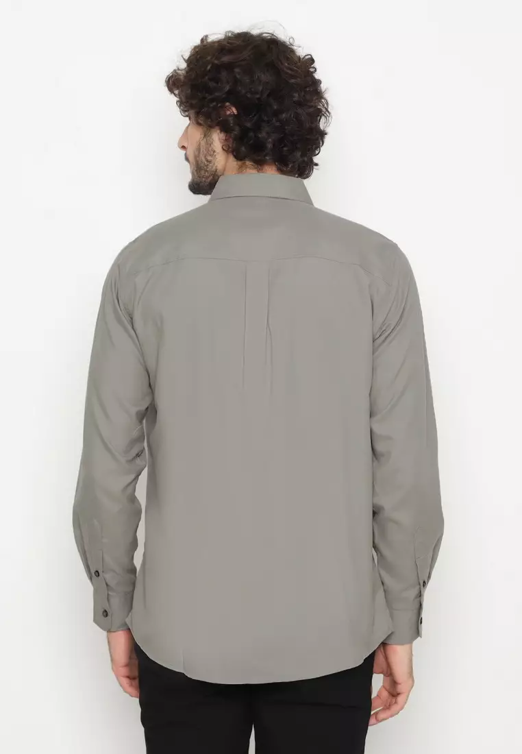 POLICE Kemeja Polos Basic Cotton Soft Grey Regular Fit Lengan Panjang Pria