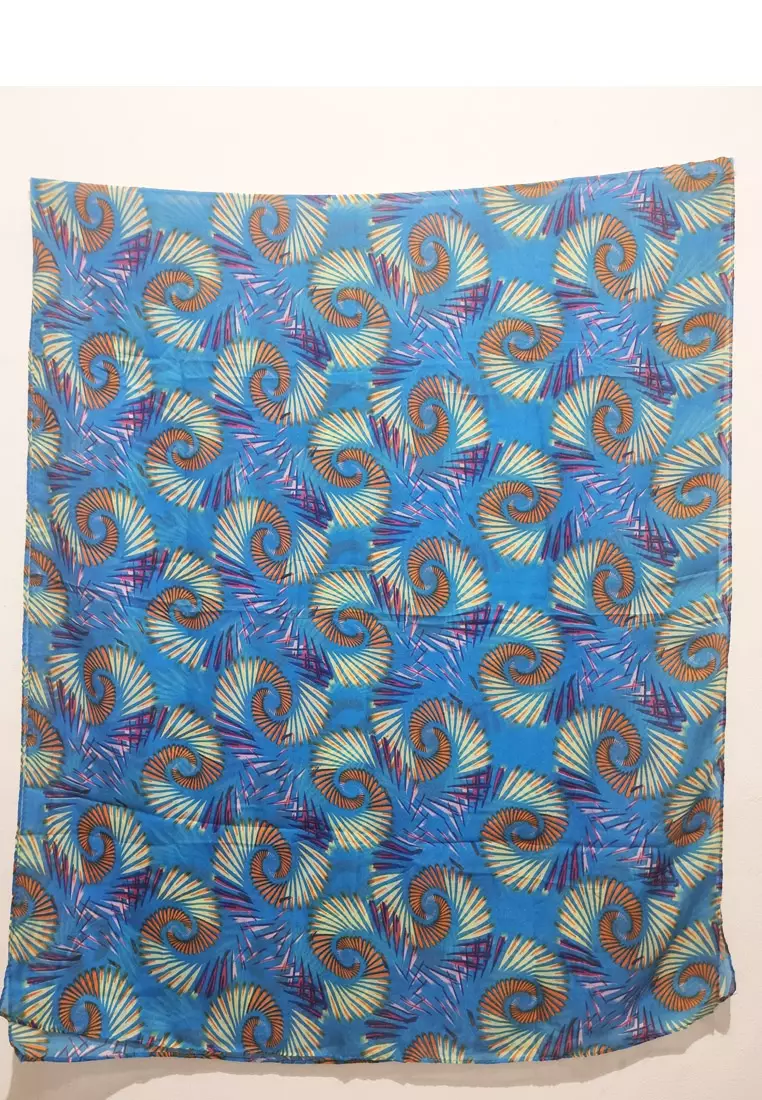 Hijab Printed Wanita Feathery Pattern Poly-Chiffon Blue & Multi