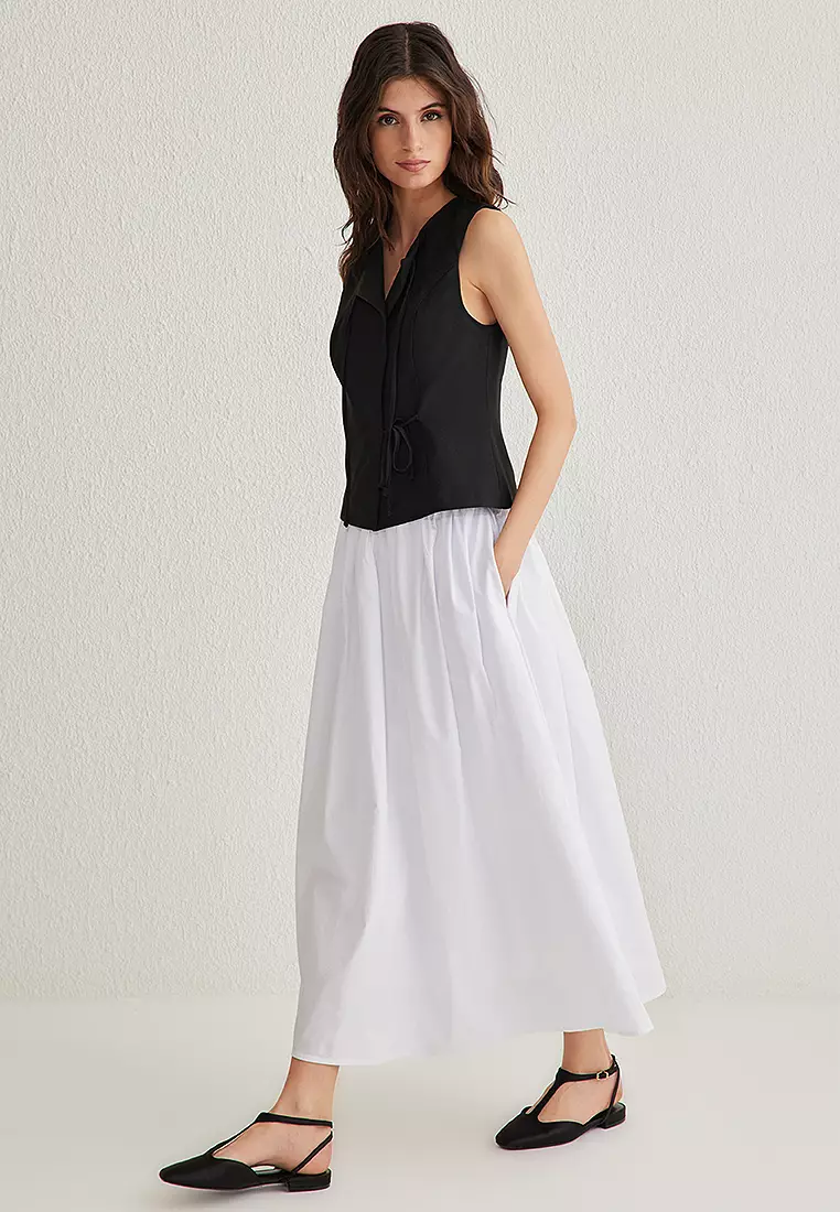 White Flared Maxi Elastic Waist Woven Skirt