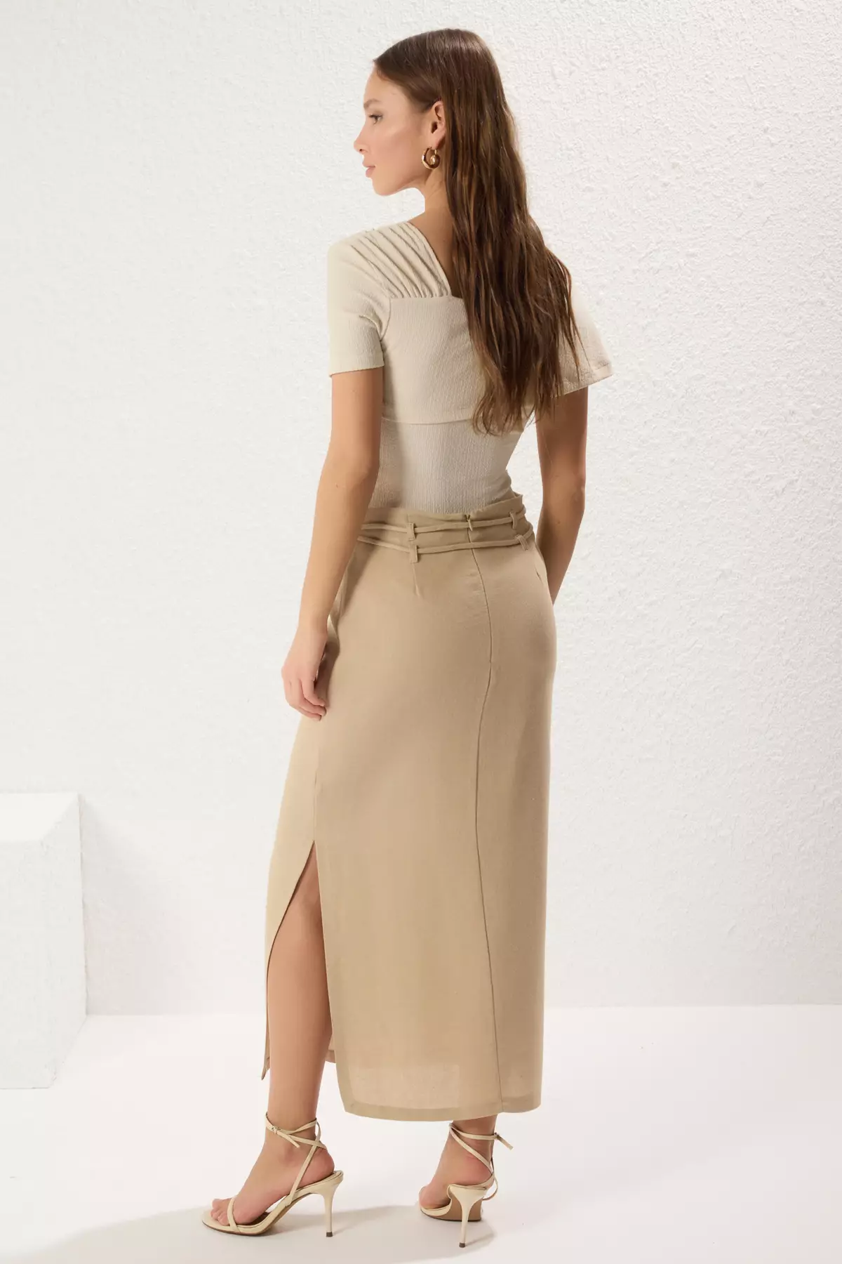 ATON】LINEN VELVET | SIDE SLIT SKIRT（Linen blend midi skirt