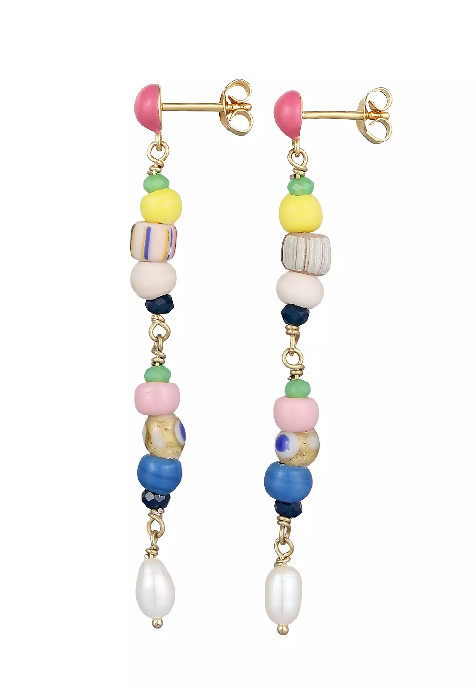 Earrings Ear Hangers Beads Colourful Freshwater Cultured Pearl Enamel In Gold Plated