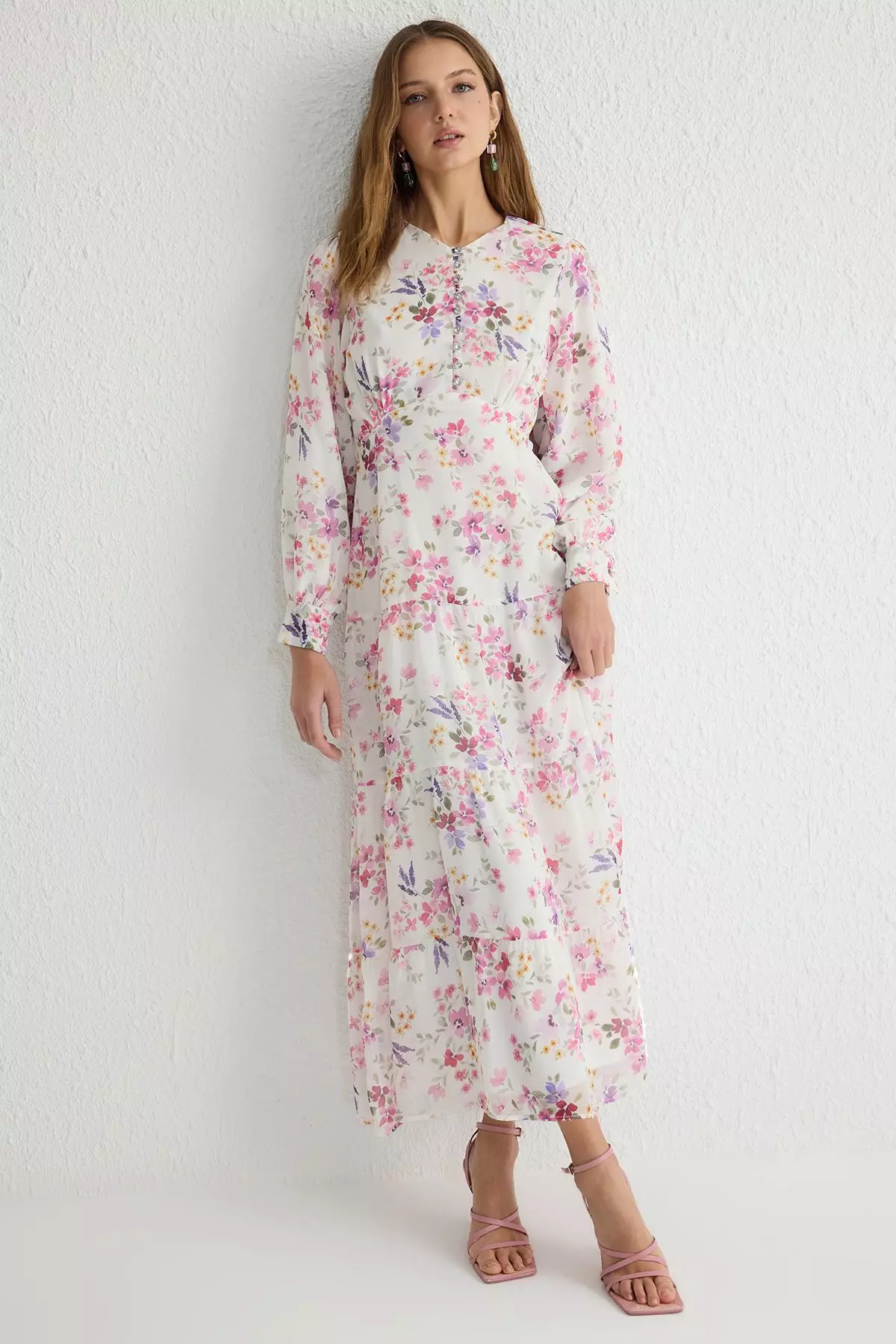 Ecru Floral Patterned Lined Chiffon Woven Dress TCTSS25EB00036