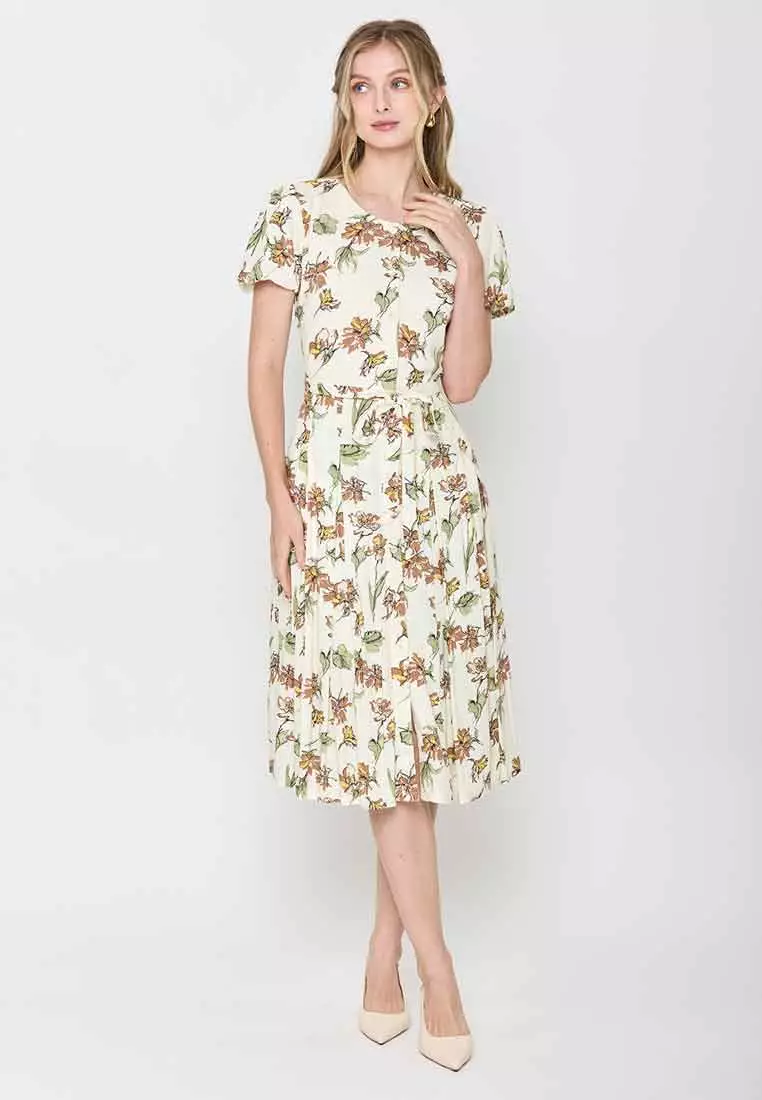 Lira Floral Print Pleated Short-Sleeve Dress
