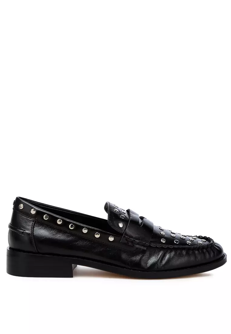 Discount on Rag & Co.  shoes - SKU: Black Studs Embellished Leather Loafers