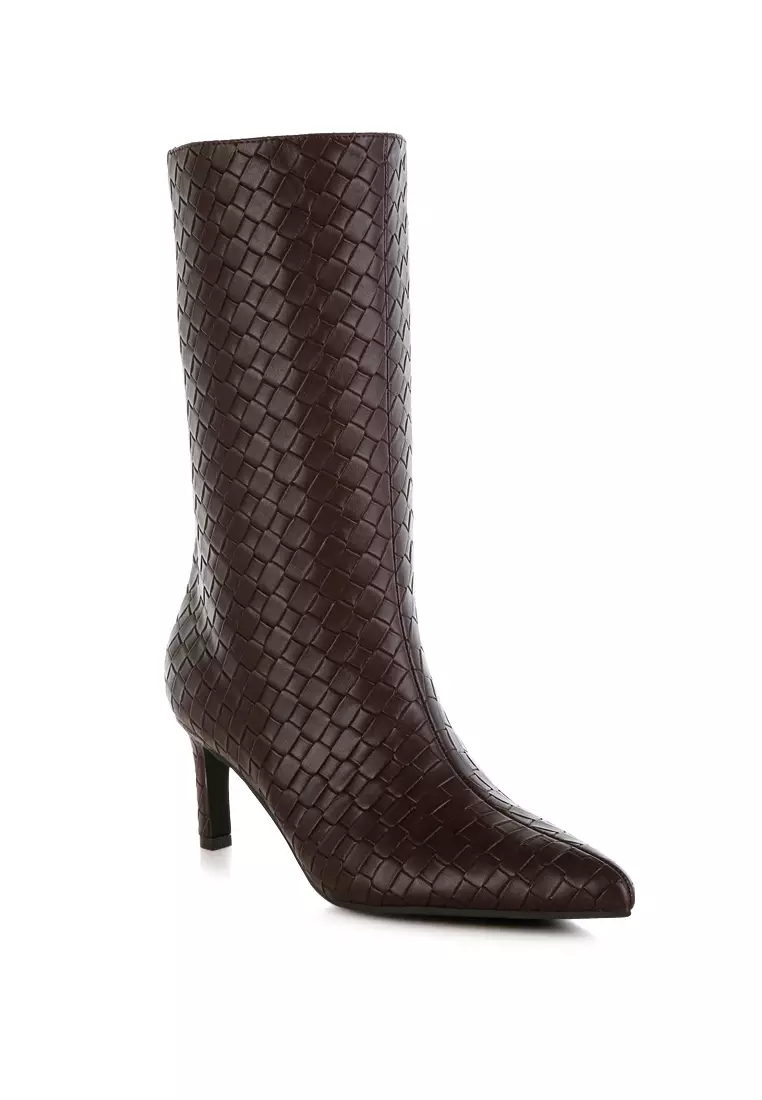 Woven Faux Leather Boots in Chocolate